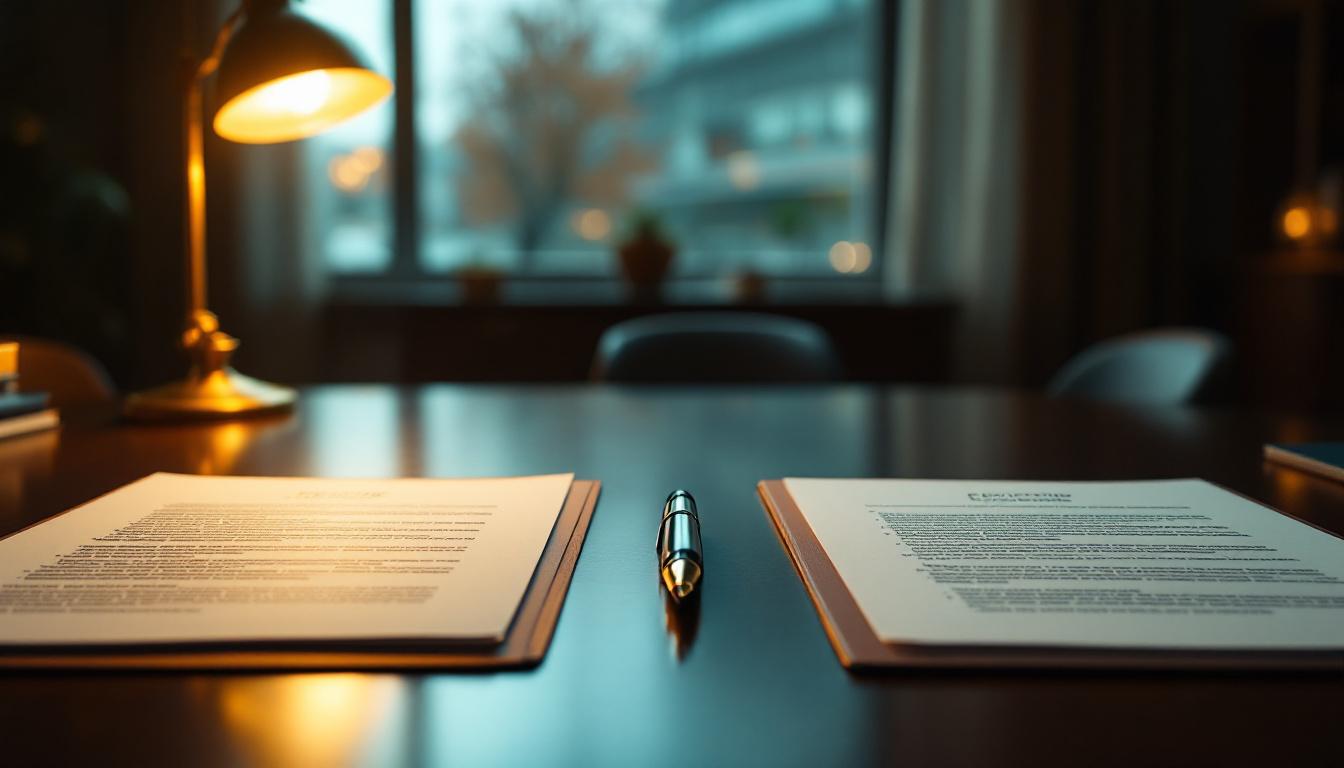Founder weighing options at desk: business broker contract on one side, buy-side advisor agreement on the other, calculator showing fee comparison, decision-making symbolism