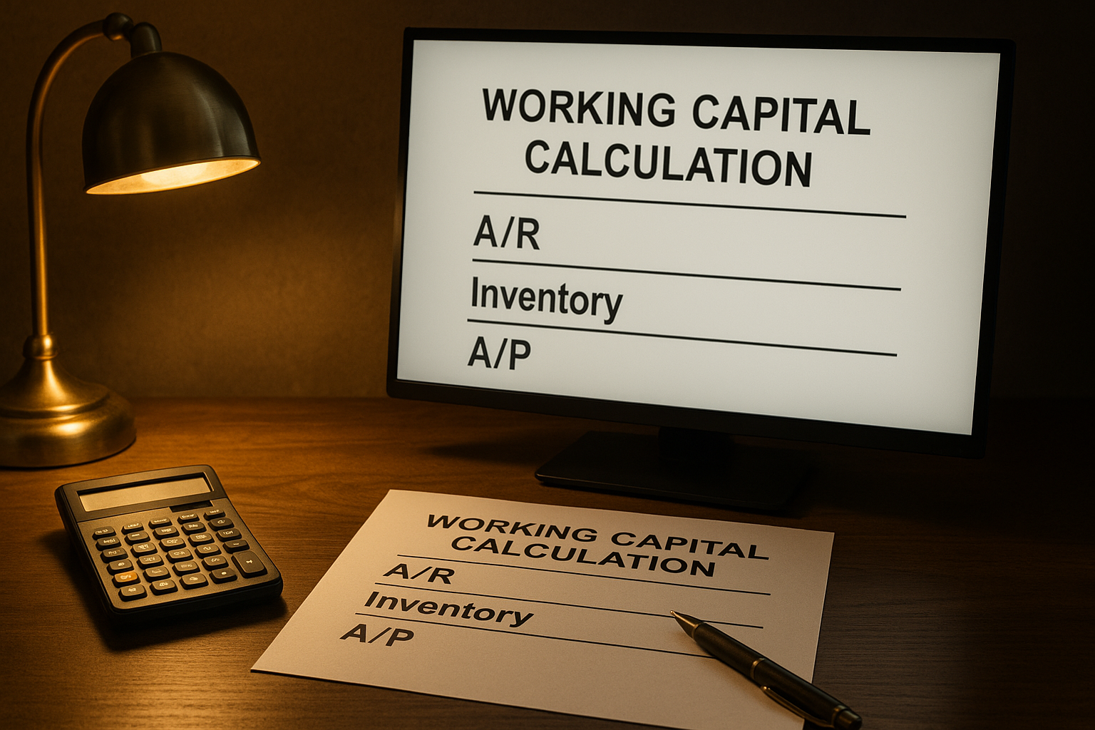 Working capital calculation document on executive desk showing accounts receivable, inventory, accounts payable balances, financial calculator, brass desk lamp warm golden light