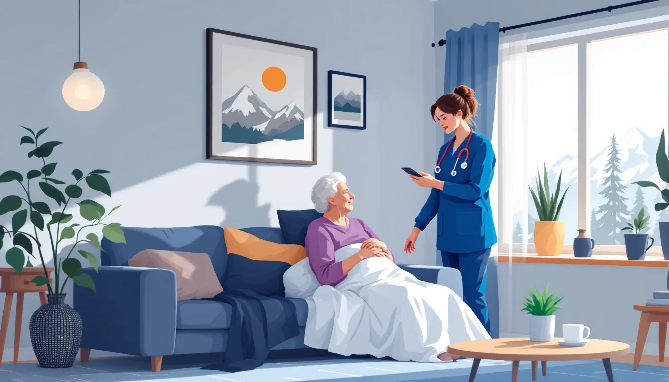 Home health and hospice in Alaska: caregiver visiting elderly patient, in-home nursing, PE roll-up activity