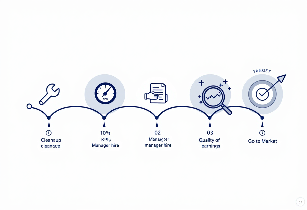 36-month av integration business exit preparation timeline: cleanup phase, KPI infrastructure and general manager hire, sell-side quality of earnings, and go-to-market with M&A advisor