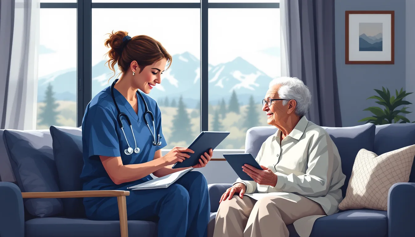 Home health and hospice in Colorado: caregiver visiting elderly patient, in-home nursing, PE roll-up activity