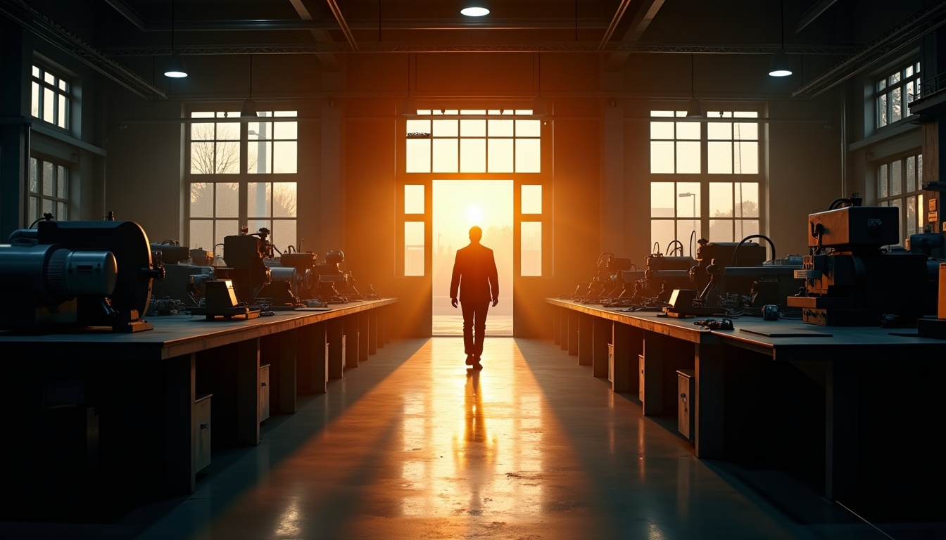 Mittelstand family-business factory floor at golden hour representing the European SME succession wave 2026-2030