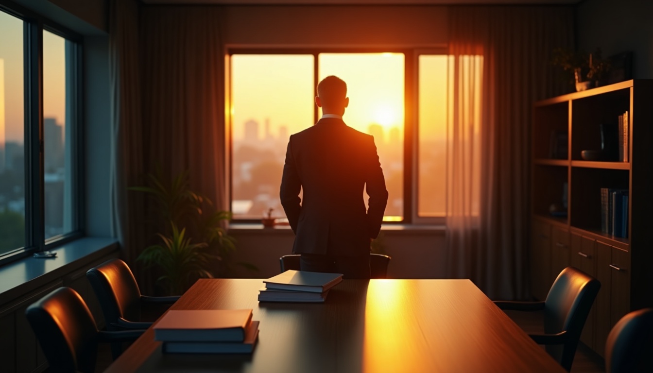 Senior insurance agency principal in a modern professional services office at golden hour representing the 2026 LMM insurance brokerage buyer landscape