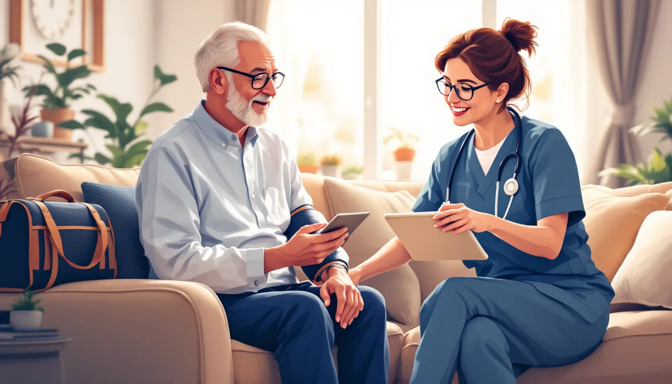 Home health and hospice in Delaware: caregiver visiting elderly patient, in-home nursing, PE roll-up activity