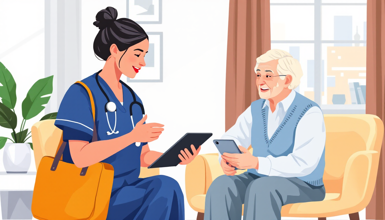 Home health and hospice in Washington, D.C.: caregiver visiting elderly patient, in-home nursing, PE roll-up activity