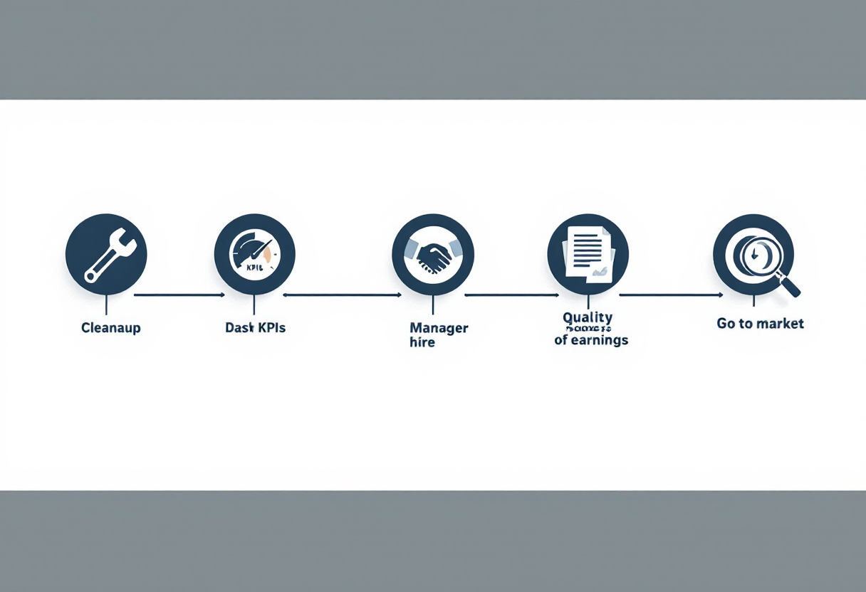 36-month document destruction business exit preparation timeline: cleanup phase, KPI infrastructure and general manager hire, sell-side quality of earnings, and go-to-market with M&A advisor