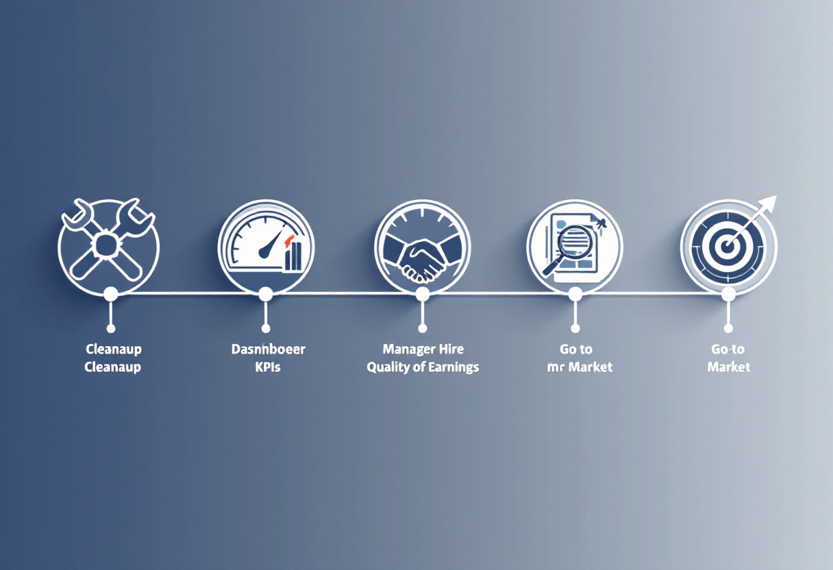 36-month environmental services business exit preparation timeline: cleanup phase, KPI infrastructure and general manager hire, sell-side quality of earnings, and go-to-market with M&A advisor