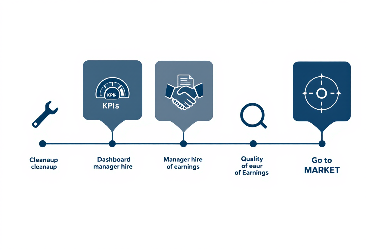 36-month fire alarm business exit preparation timeline: cleanup phase, KPI infrastructure and general manager hire, sell-side quality of earnings, and go-to-market with M&A advisor