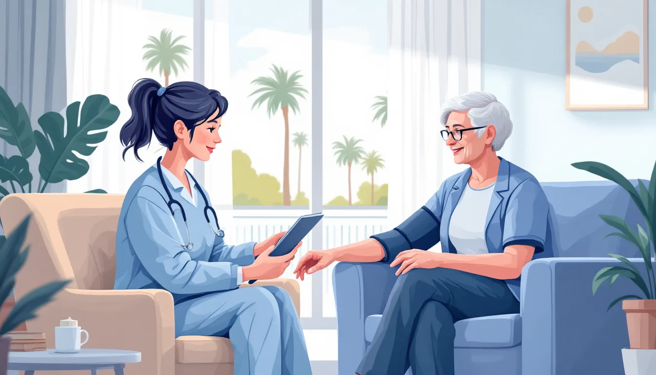 Home health and hospice in Florida: caregiver visiting elderly patient, in-home nursing, PE roll-up activity