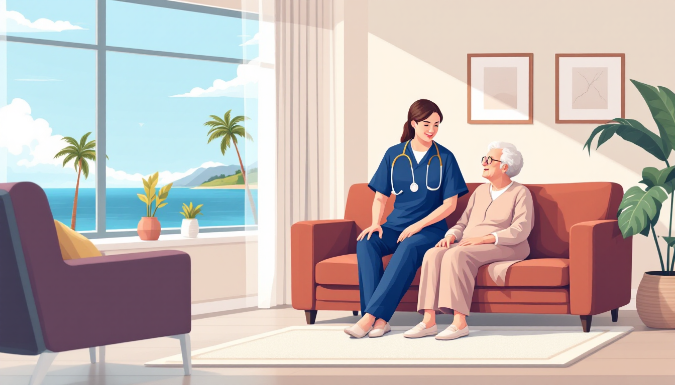Home health and hospice in Hawaii: caregiver visiting elderly patient, in-home nursing, PE roll-up activity