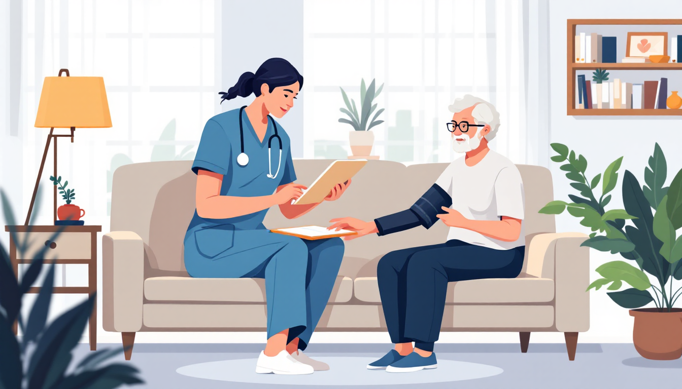Home health and hospice in Idaho: caregiver visiting elderly patient, in-home nursing, PE roll-up activity