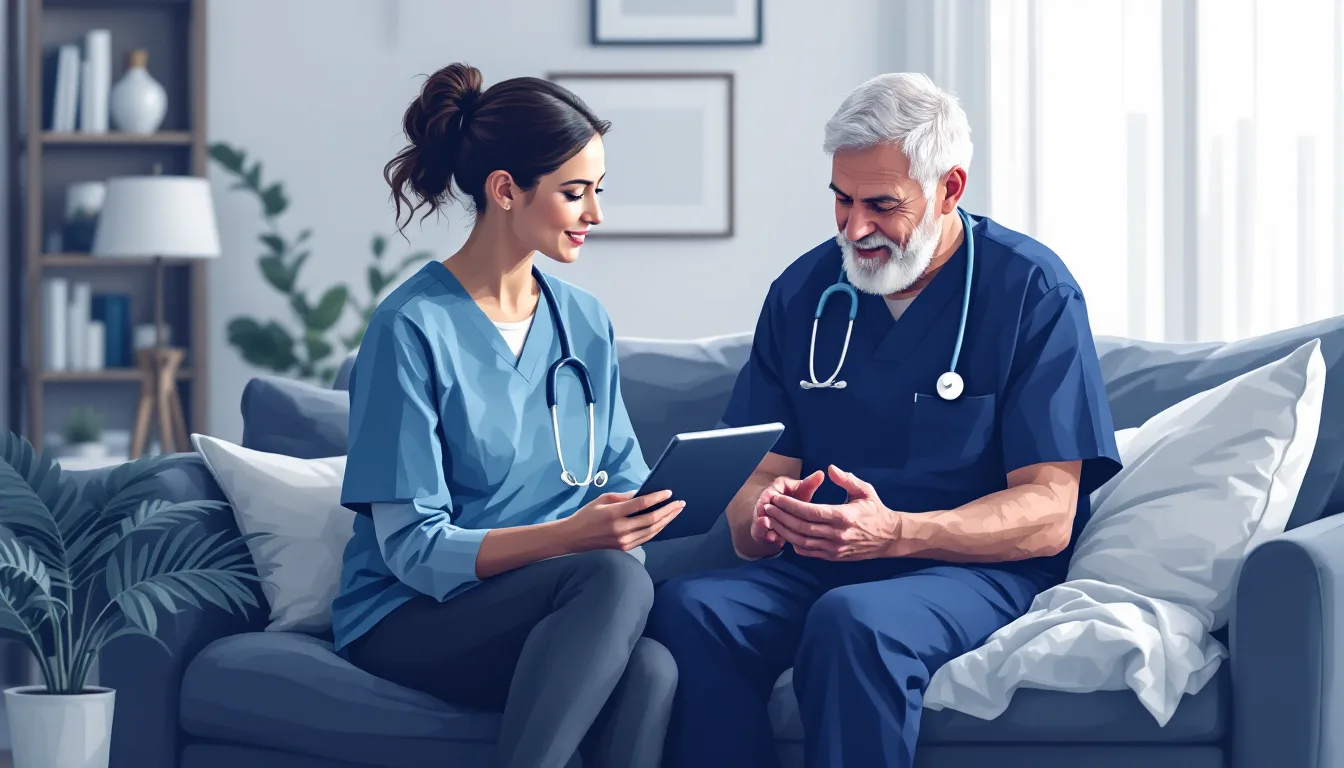Home health and hospice in Illinois: caregiver visiting elderly patient, in-home nursing, PE roll-up activity