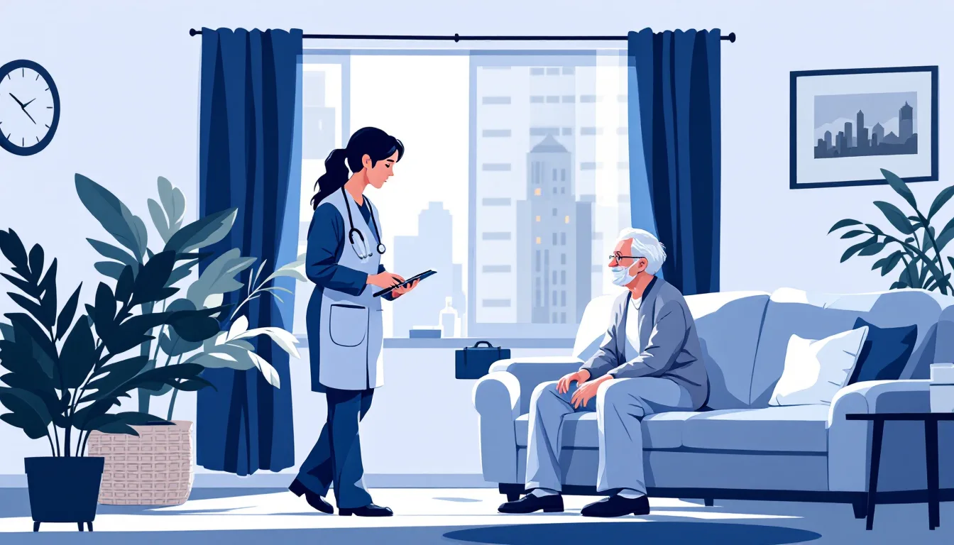 Home health and hospice in Indiana: caregiver visiting elderly patient, in-home nursing, PE roll-up activity