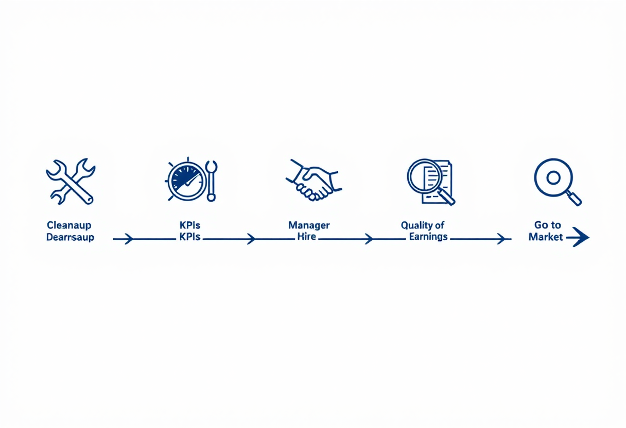 36-month industrial distribution business exit preparation timeline: cleanup phase, KPI infrastructure and general manager hire, sell-side quality of earnings, and go-to-market with M&A advisor