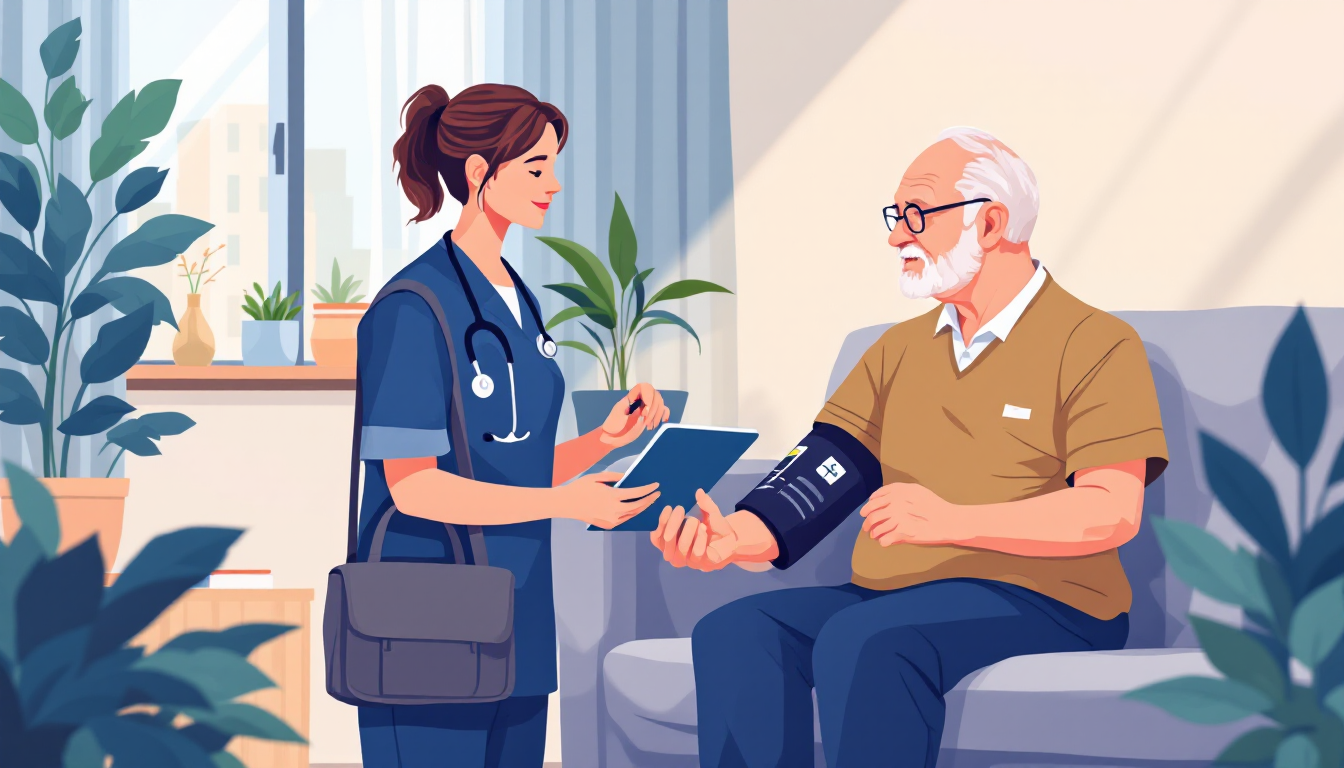 Home health and hospice in Iowa: caregiver visiting elderly patient, in-home nursing, PE roll-up activity