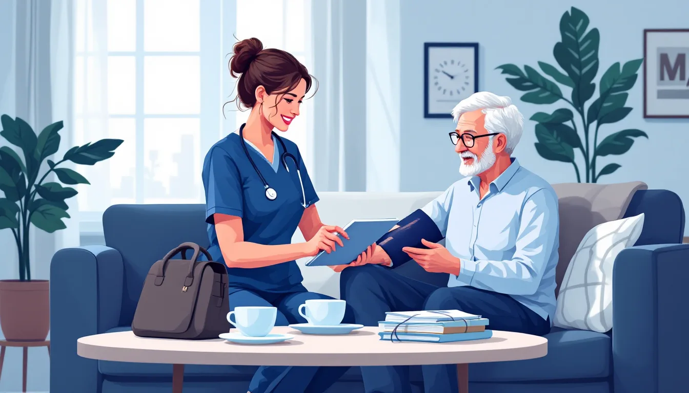 Home health and hospice in Kansas: caregiver visiting elderly patient, in-home nursing, PE roll-up activity