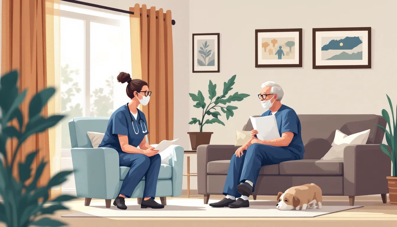 Home health and hospice in Kentucky: caregiver visiting elderly patient, in-home nursing, PE roll-up activity