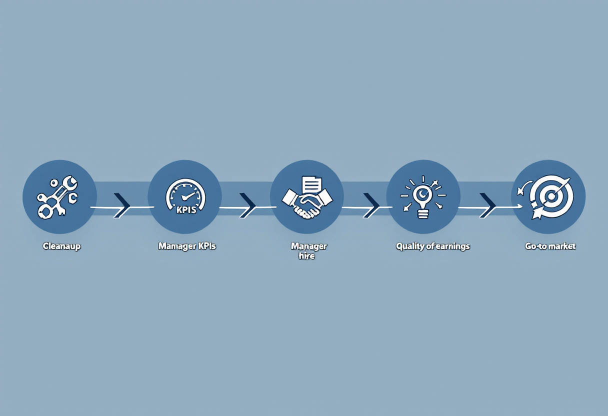 36-month low-voltage business exit preparation timeline: cleanup phase, KPI infrastructure and general manager hire, sell-side quality of earnings, and go-to-market with M&A advisor