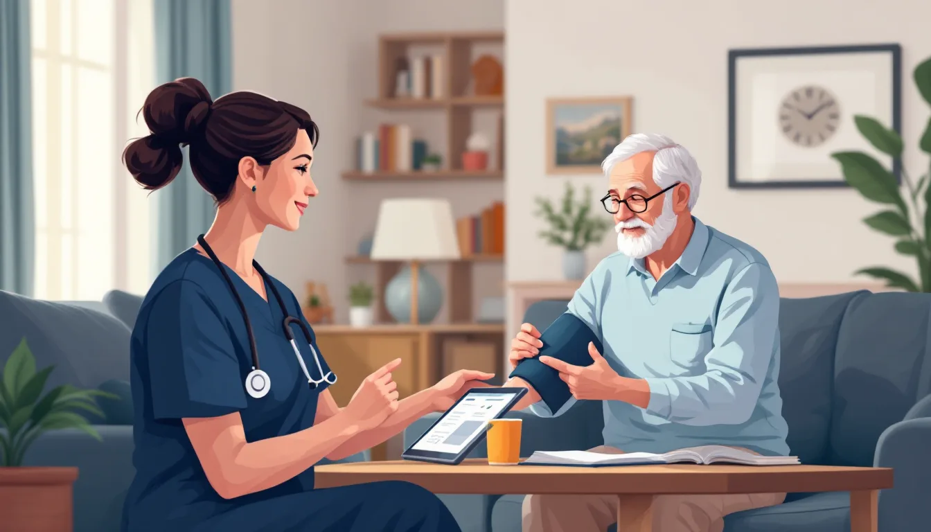 Home health and hospice in Maine: caregiver visiting elderly patient, in-home nursing, PE roll-up activity