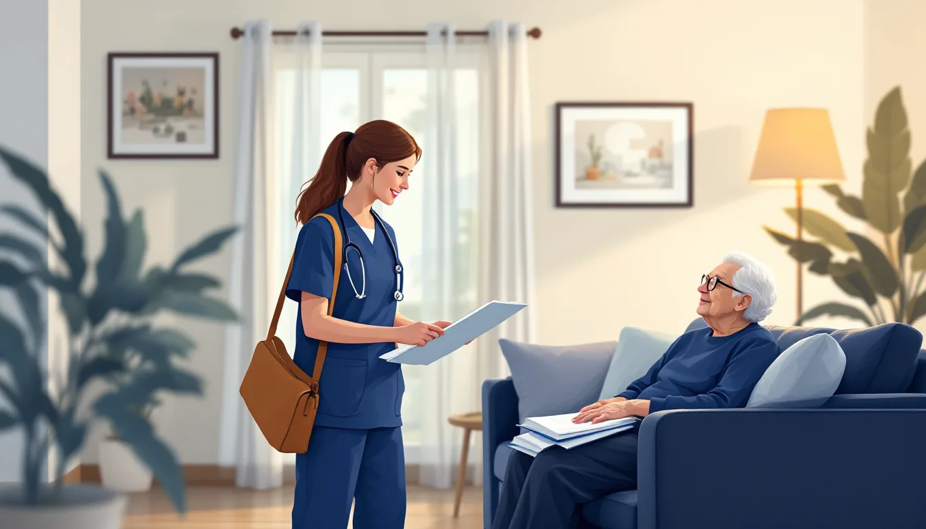 Home health and hospice in Maryland: caregiver visiting elderly patient, in-home nursing, PE roll-up activity