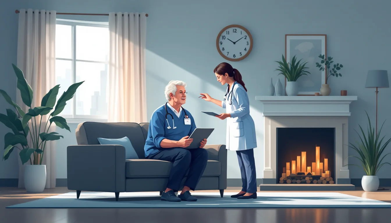 Home health and hospice in Michigan: caregiver visiting elderly patient, in-home nursing, PE roll-up activity