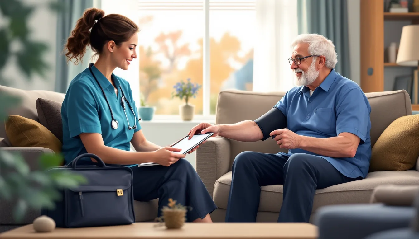 Home health and hospice in Nebraska: caregiver visiting elderly patient, in-home nursing, PE roll-up activity