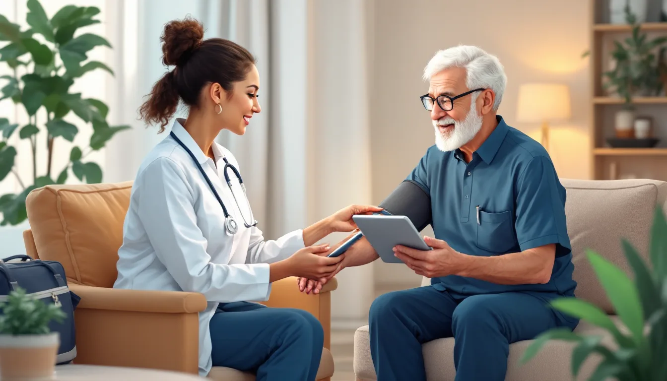 Home health and hospice in New Hampshire: caregiver visiting elderly patient, in-home nursing, PE roll-up activity