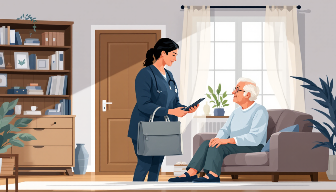 Home health and hospice in New Jersey: caregiver visiting elderly patient, in-home nursing, PE roll-up activity