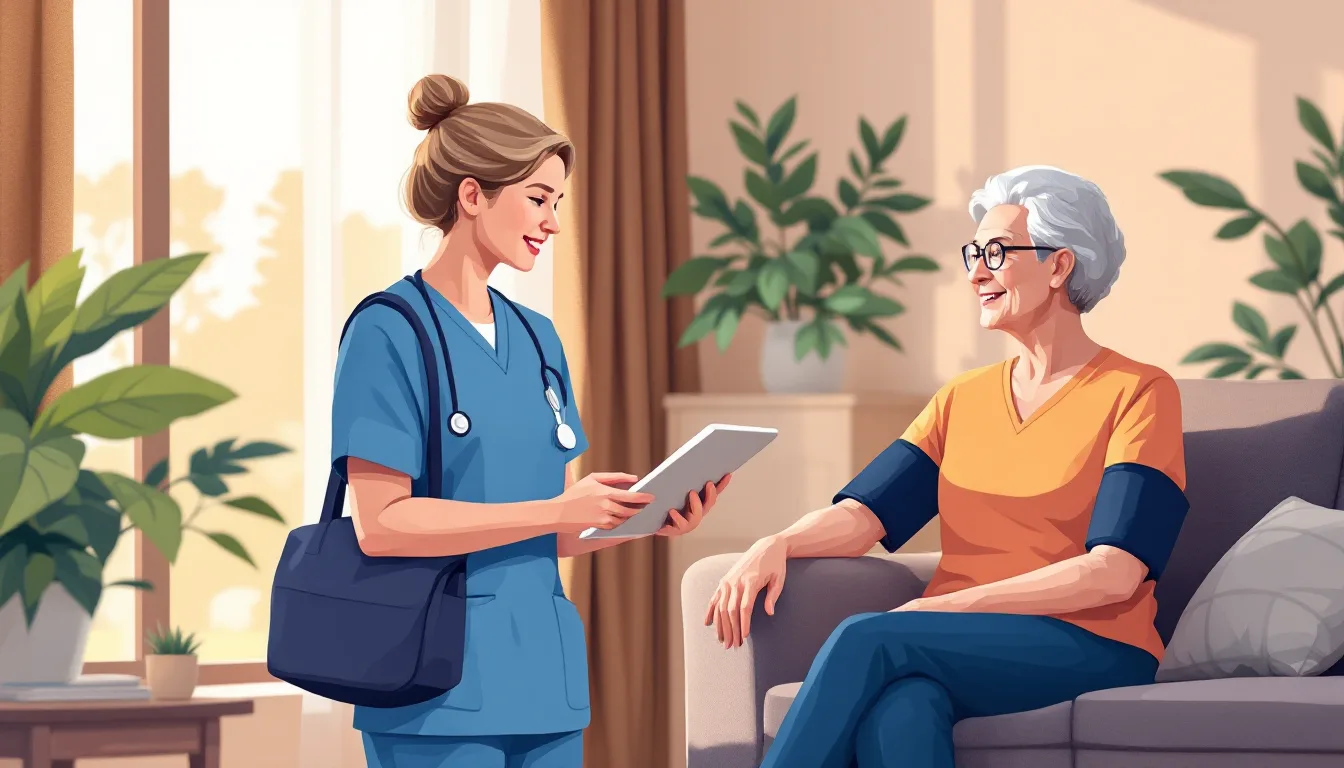 Home health and hospice in North Dakota: caregiver visiting elderly patient, in-home nursing, PE roll-up activity