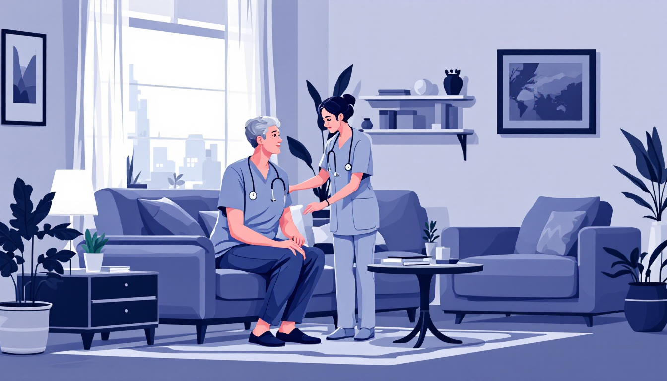 Home health and hospice in Ohio: caregiver visiting elderly patient, in-home nursing, PE roll-up activity
