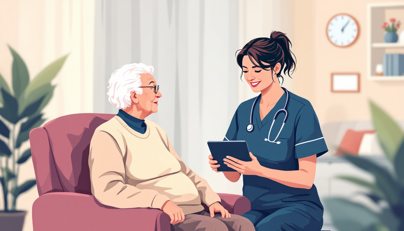 Home health and hospice in Oregon: caregiver visiting elderly patient, in-home nursing, PE roll-up activity