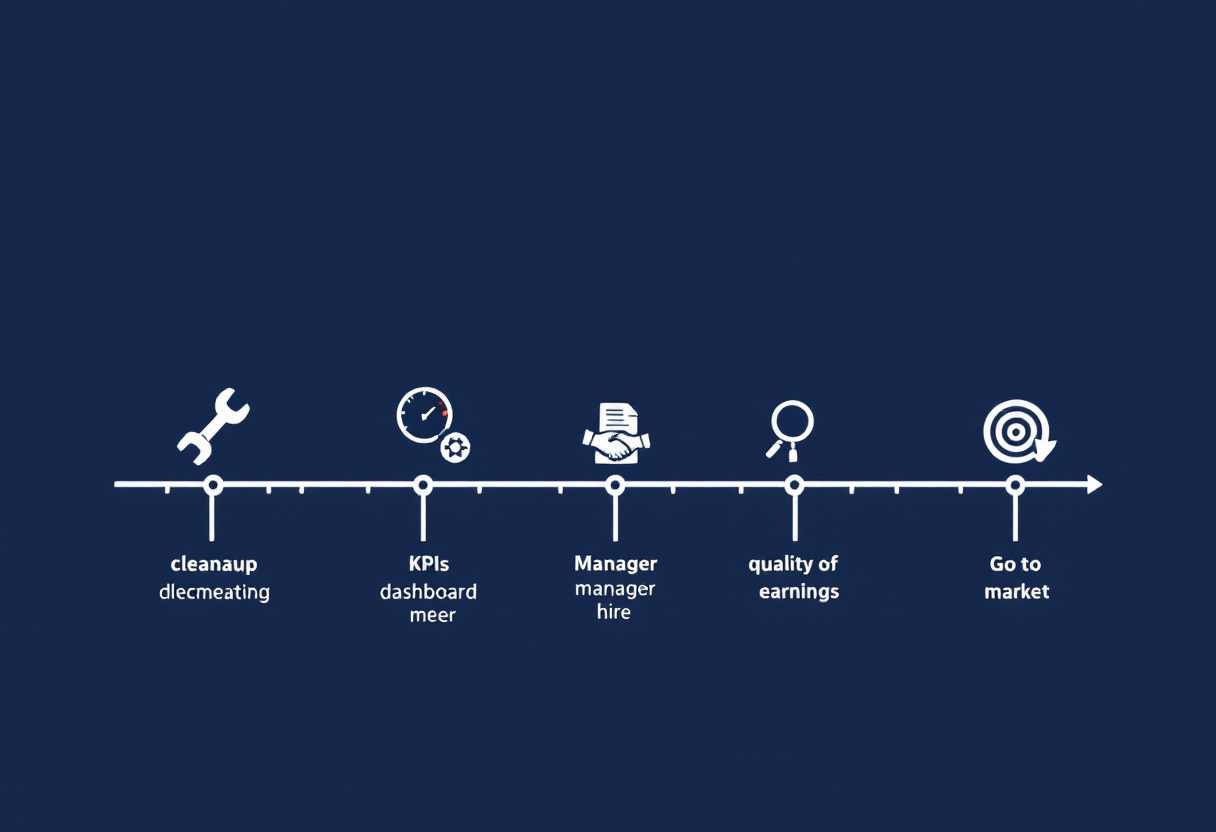 36-month pr firm exit preparation timeline: cleanup phase, KPI infrastructure and general manager hire, sell-side quality of earnings, and go-to-market with M&A advisor