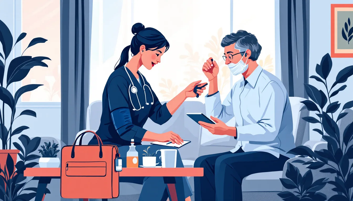 Home health and hospice in Rhode Island: caregiver visiting elderly patient, in-home nursing, PE roll-up activity