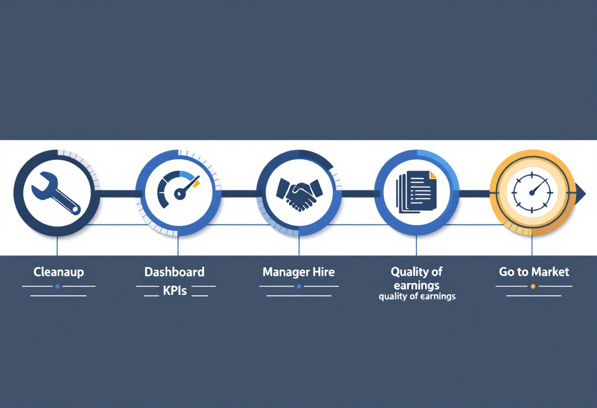 36-month security integration business exit preparation timeline: cleanup phase, KPI infrastructure and general manager hire, sell-side quality of earnings, and go-to-market with M&A advisor