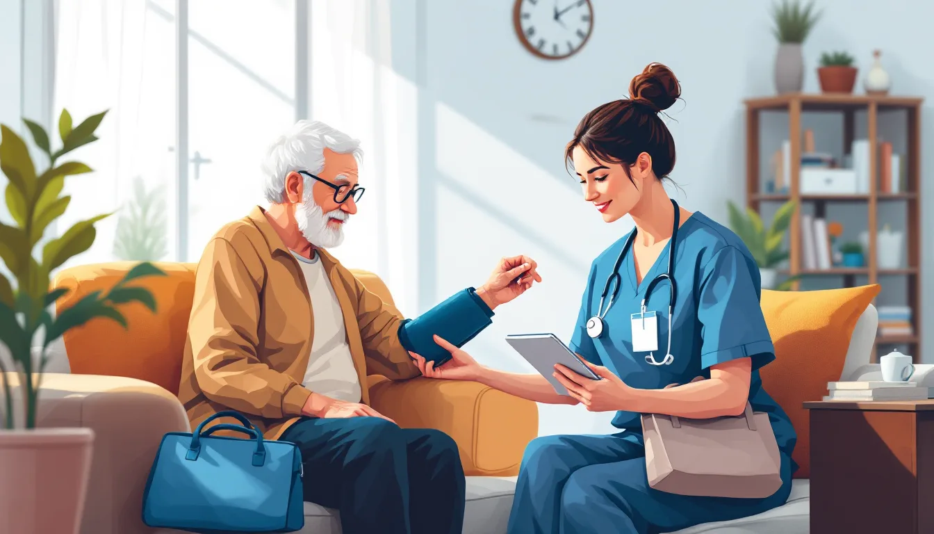 Home health and hospice in Vermont: caregiver visiting elderly patient, in-home nursing, PE roll-up activity