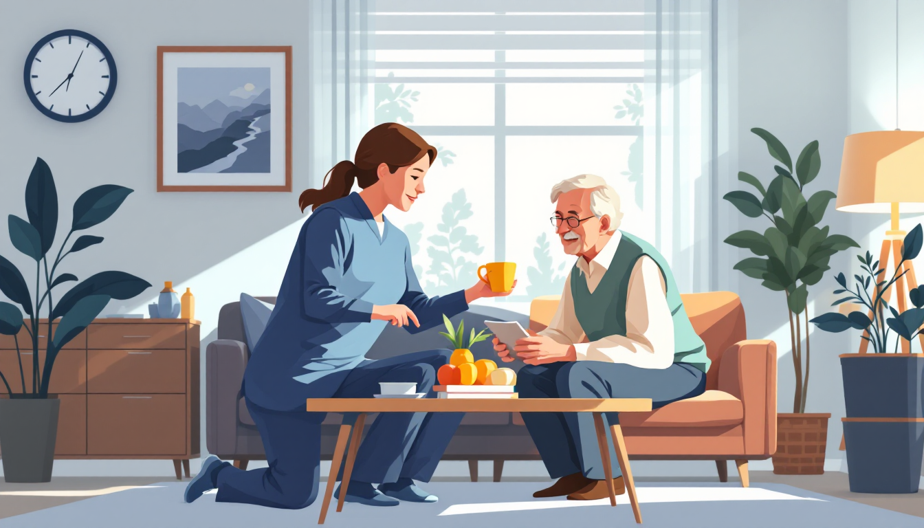 Home health and hospice in Washington: caregiver visiting elderly patient, in-home nursing, PE roll-up activity