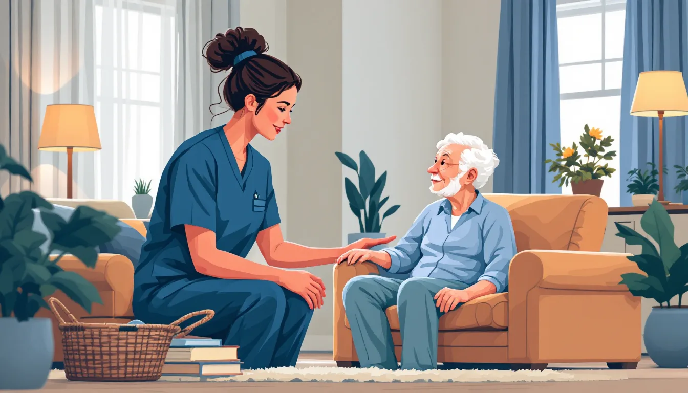 Home health and hospice in Wisconsin: caregiver visiting elderly patient, in-home nursing, PE roll-up activity