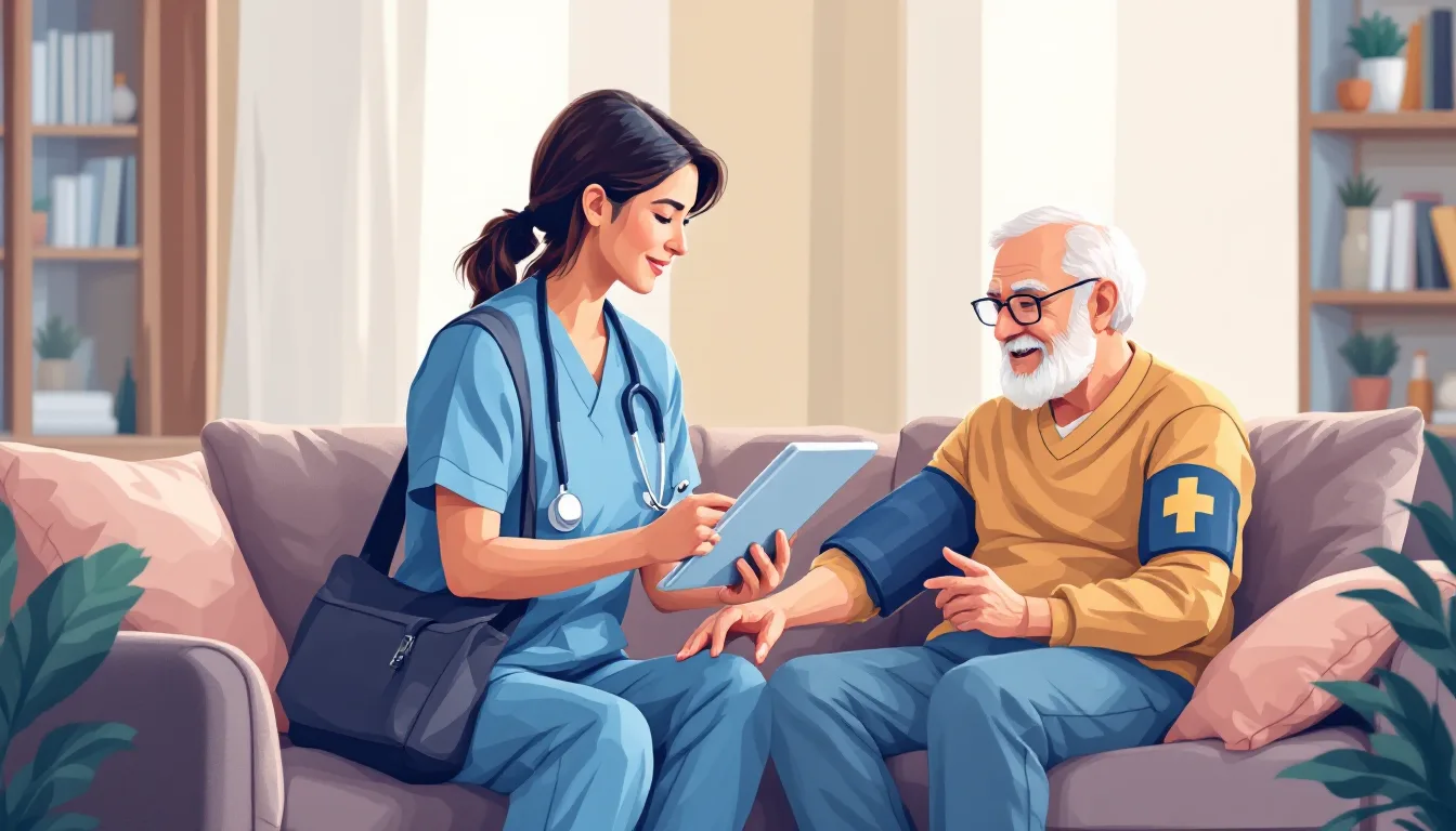 Home health and hospice in Wyoming: caregiver visiting elderly patient, in-home nursing, PE roll-up activity