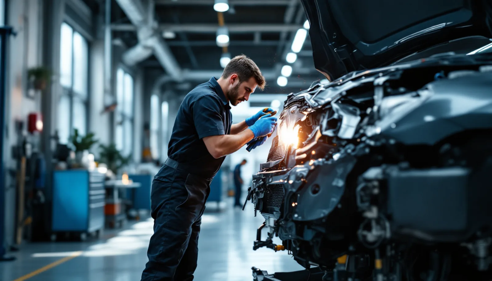 Auto body technician performing collision repair