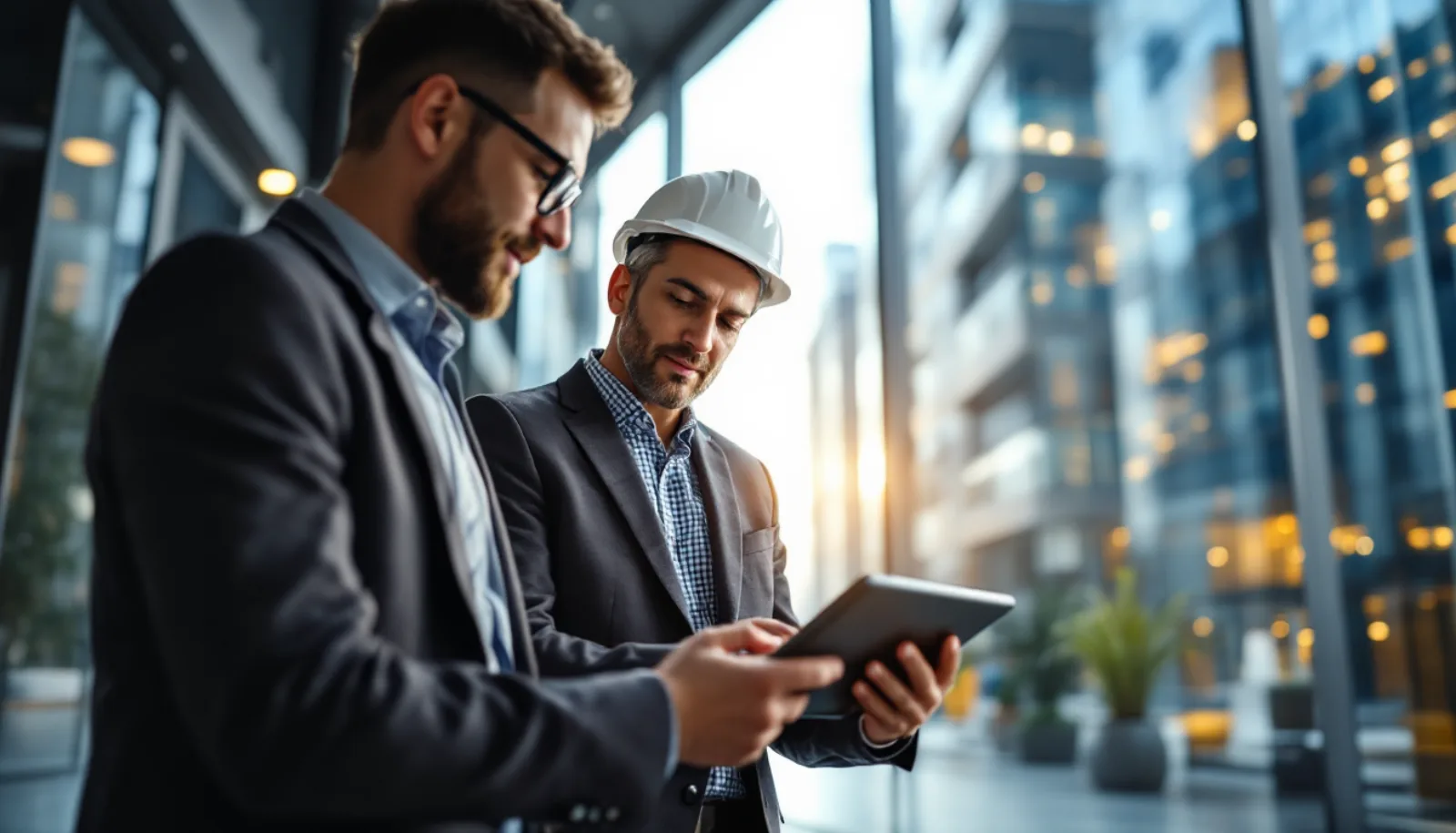 Commercial property manager touring an office building with a tenant