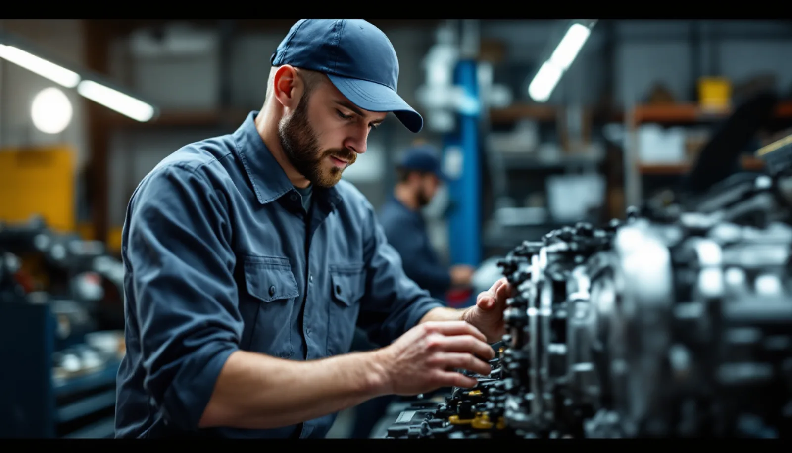 Transmission rebuild bench with technician inspecting torque converter