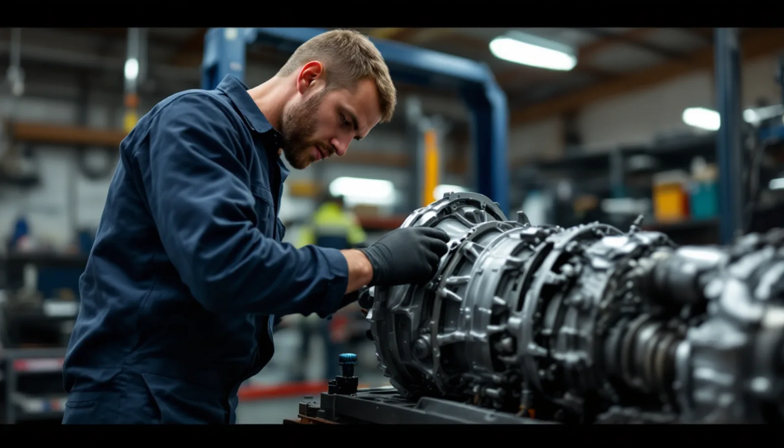 Transmission shop bay with vehicle on lift and technician with scan tool