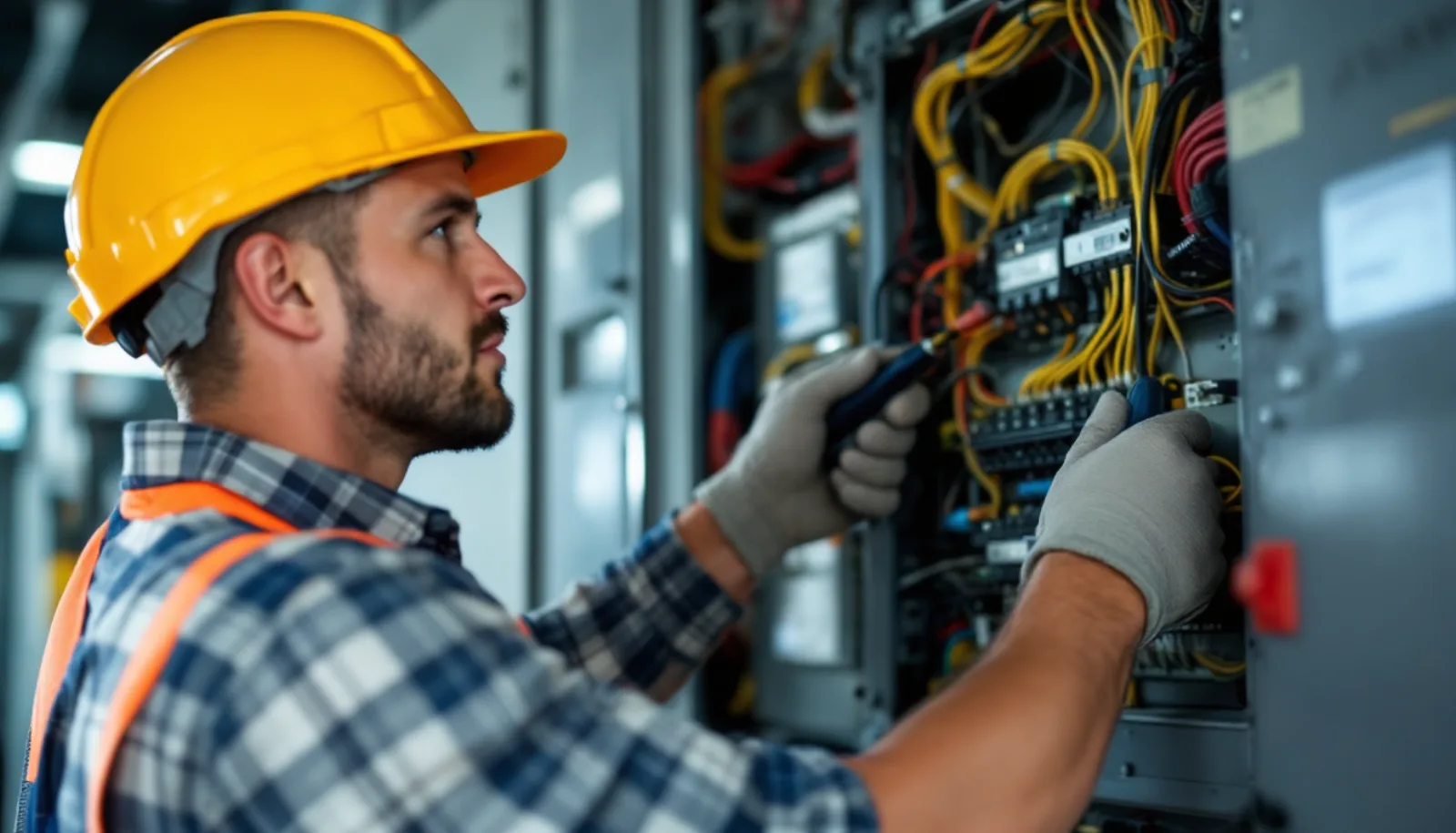 California electrical contractor in clean uniform inspecting a commercial switchgear room in a modern office building under bright daylight