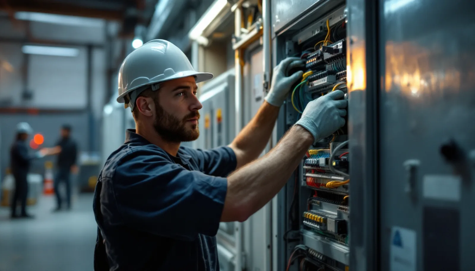 Colorado electrical contractor in clean uniform inspecting a commercial main switchboard inside a Denver-area facility under bright daylight