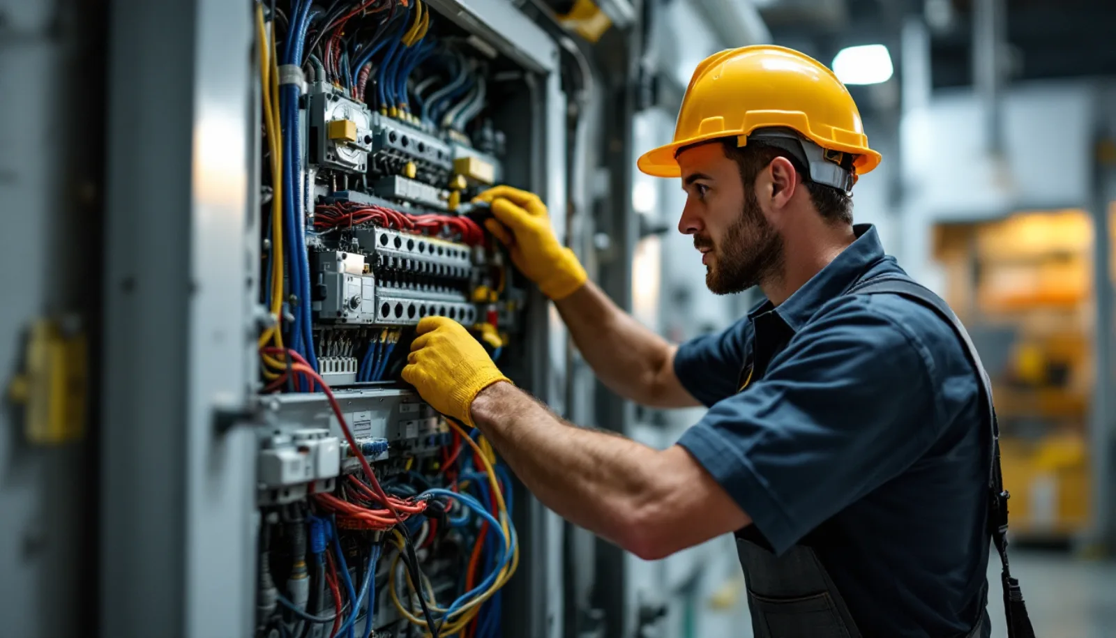 Florida electrical contractor in clean uniform inspecting an exterior service entrance panel on a commercial building under bright daylight