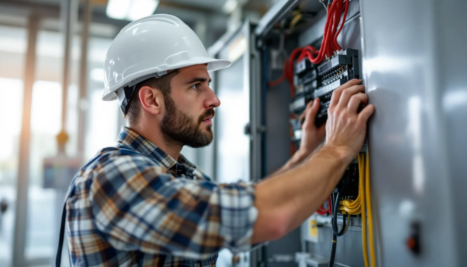 Georgia electrical contractor in clean uniform inspecting a commercial main switchboard inside an Atlanta-area facility under bright daylight
