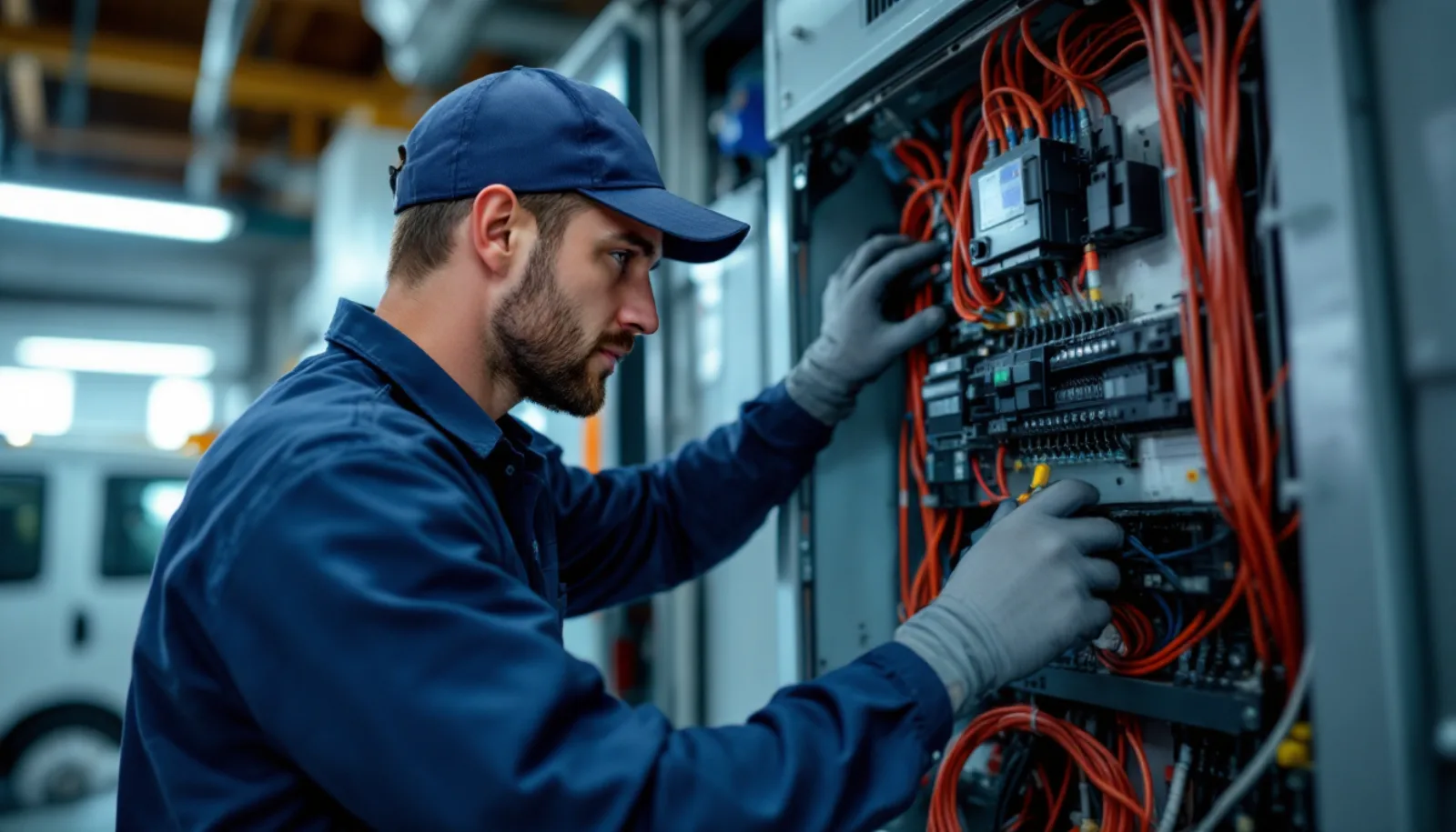 Illinois electrical contractor in clean uniform inspecting a commercial main switchboard inside a Chicago Loop high-rise under bright daylight
