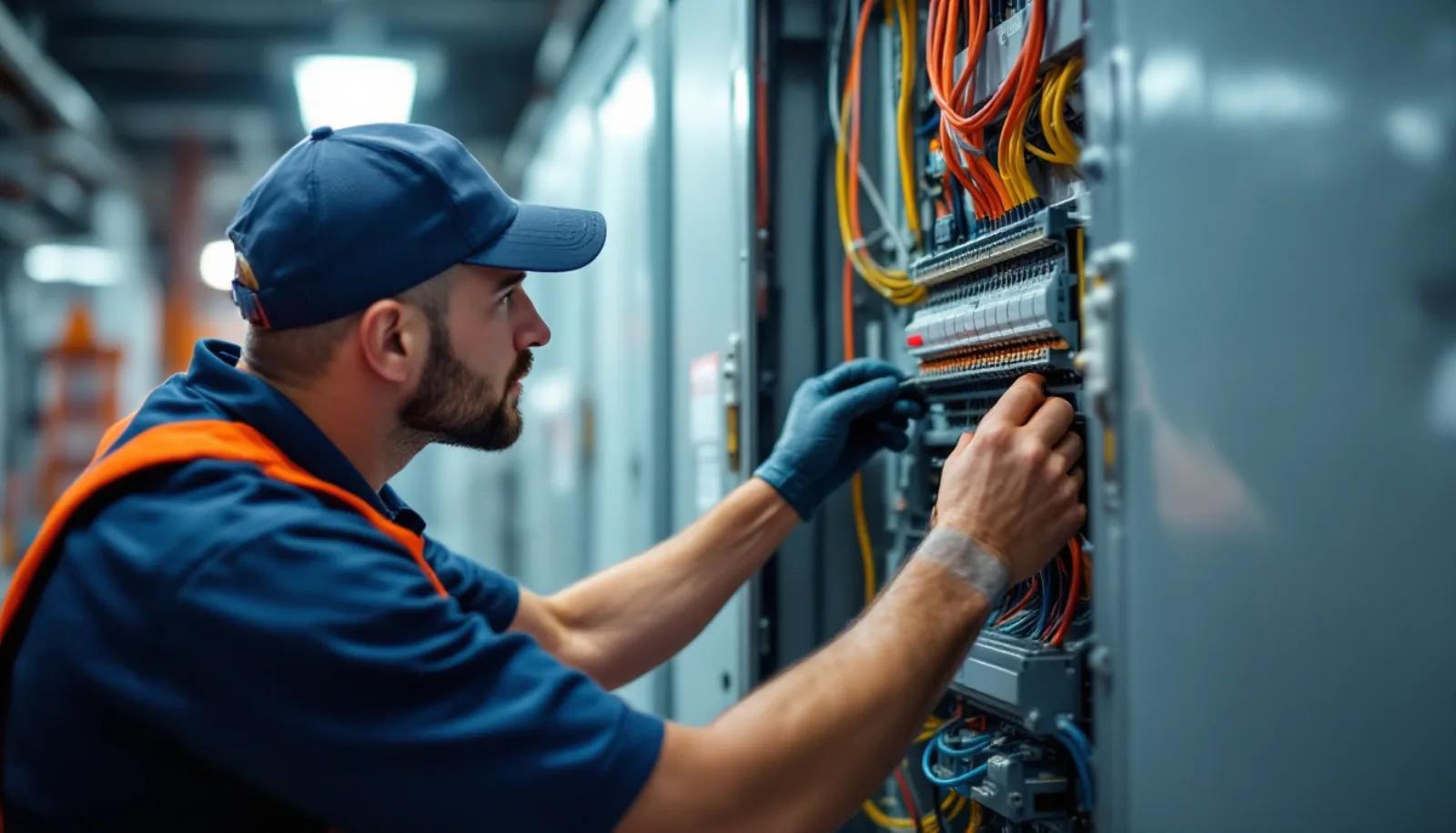 Massachusetts electrical contractor in clean uniform inspecting a commercial main switchboard inside a Boston Seaport District high-rise under bright daylight