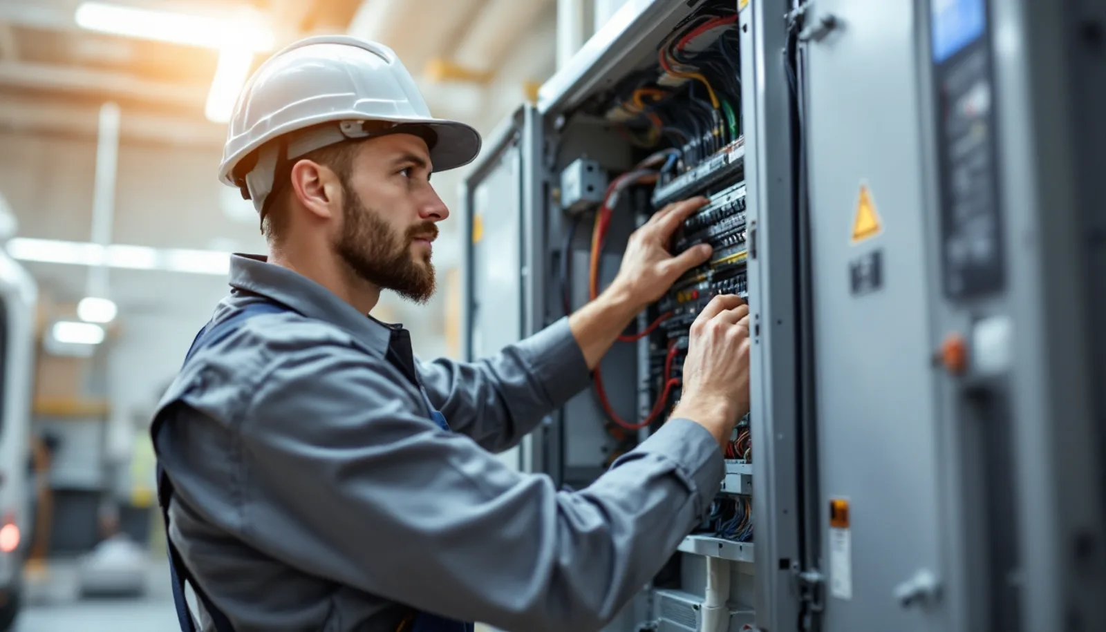 Nevada electrical contractor in clean uniform inspecting a commercial main switchboard inside a Las Vegas Strip casino facility under bright daylight