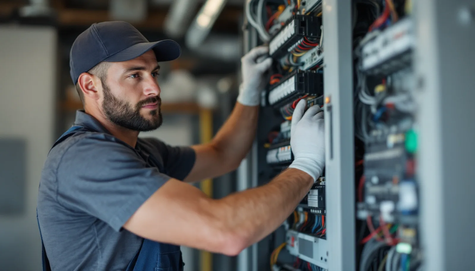 New Jersey electrical contractor in clean uniform inspecting a commercial main switchboard inside a Northern New Jersey suburban data center facility under bright daylight